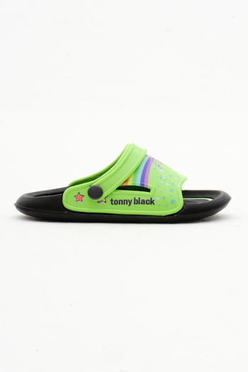 Tonny Black Green Rainbow Patterned Girl's Slippers - Poly Sole