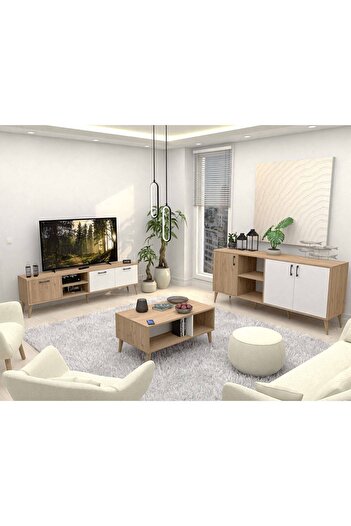 Mezza Set 1585-2074-1624 Exxen (AHŞAP AYAKLI) Tv Ünitesi - Orta Sehpa - Konsol Seti Sepet - Beyaz