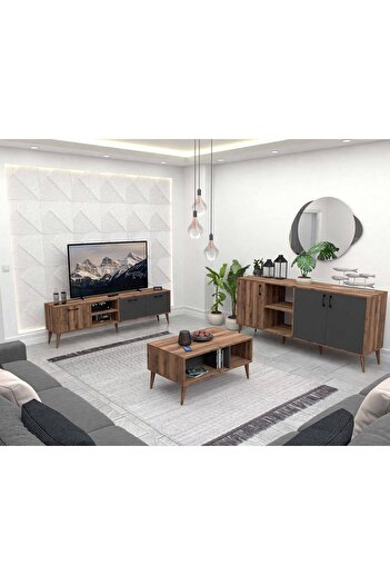 Mezza Set 1581-2070-1620 Exxen (AHŞAP AYAKLI) Tv Ünitesi - Orta Sehpa - Konsol Seti Hat - Antrasit