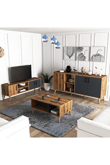 Mezza Set 1580-2070-1620 Exxen (AHŞAP AYAKLI) Tv Ünitesi - Orta Sehpa - Konsol Seti Hat - Antrasit