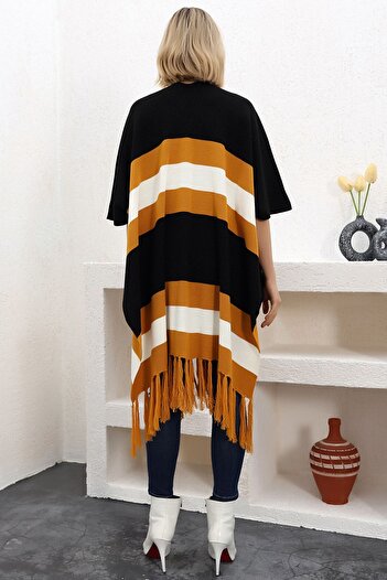 ALCHON V-Neck Short Sleeve Skirt with Tassels Color Block Midi Length Knitwear Shawl Look Poncho