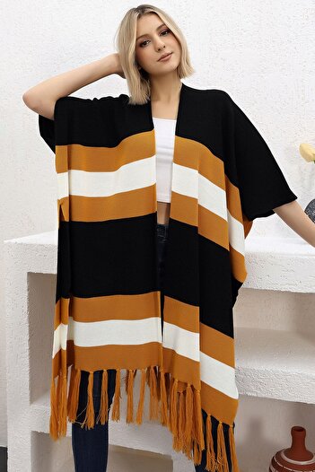 ALCHON V-Neck Short Sleeve Skirt with Tassels Color Block Midi Length Knitwear Shawl Look Poncho