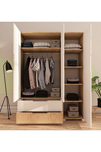 VM VERTEX MOBİLYA Flora 3 Kapaklı 2 Çekmeceli Gardırop Safir Meşe - Beyaz Elbise Dolabı