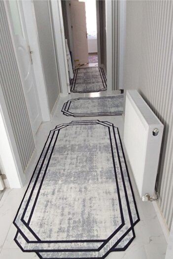 VOPTEKS Lazer Kesim Halı Gri Siyah Halı Yıkanabilir Yatak Odası Halısı Salon Halısı Koridor Halısı Yolluk