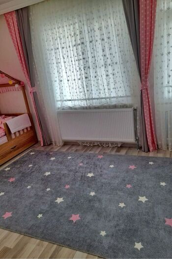 VOPTEKS Gri Pembe Halı Çocuk Odası Halısı Leke Tutmaz Makinede Yıkanabilir Kaymaz Taban Halı