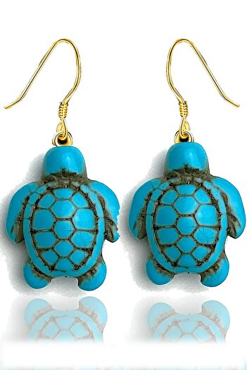 Tesbih Atölyesi Gold Turtle Model - Real Turquoise Stone Earrings (Turquoise Stone) Certified