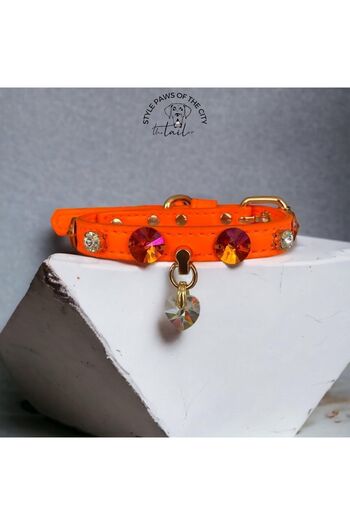 TheTailor Neon Orange Vegan Leather - Stone Detailed Dog Collar