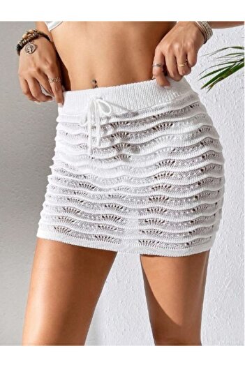 hanope Women's Pareo Rope-Tied Wavy Openwork Thin Summer Beach Super Mini Knitwear Skirt