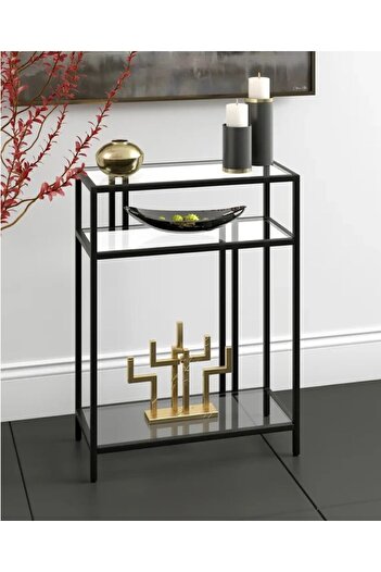tino furniture Porto Siyah Metal Cam Raflı Dresuar Konsol