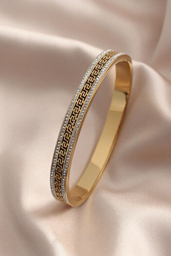 Moka Shopin Gold Colored Steel Motif Zircon Stone Women's Bracelet
