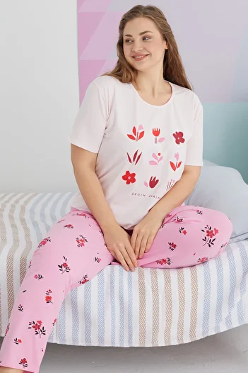Siyah İnci Large Size Oversize Cotton Knitted Pajamas Set - Multicolor Curve