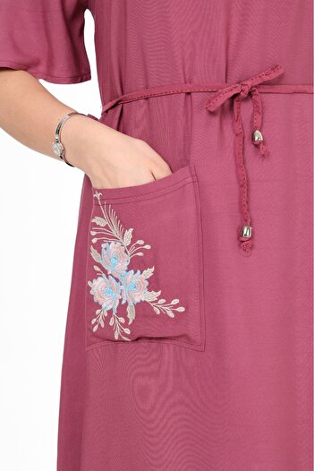mervemoda Long Embroidered Women's Summer Dress - Short Sleeve