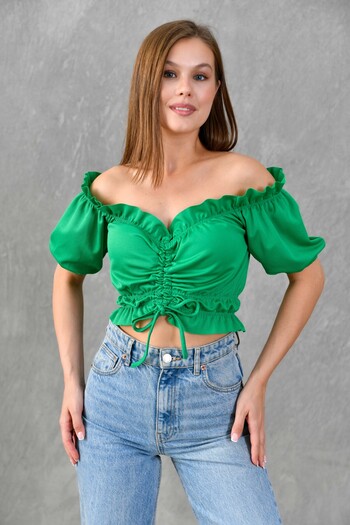 bayansepeti Green Crepe Fabric Off-The-Shoulder Short Sleeve Crop Blouse with Gather and Lace Detail 5027