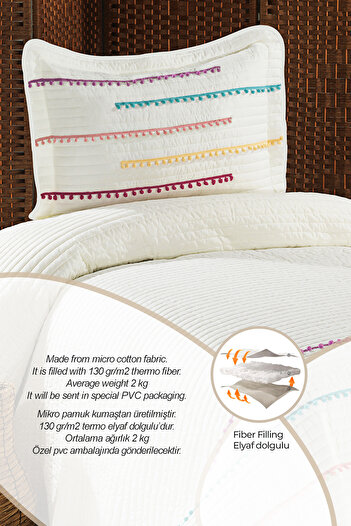 Evlen Home Collection Nova Colorful Pompom 100% Cotton Single Bedspread Quilted Fiber Filled Pike Set Cream