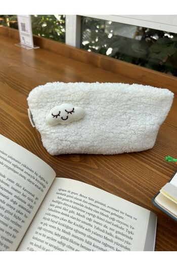 sumicorn Cute Cloud Plush Washable Zippered Gingham Lined Cloth Pen Holder Pencil Case Makeup Bag