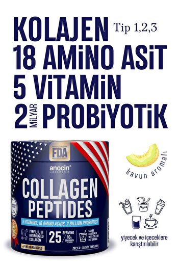 anocin Collagen Peptides+18 Amino Acid+5 Vitamin+2 Milyar Probiotics, %100 SafveDoğal Kolajen Peptit