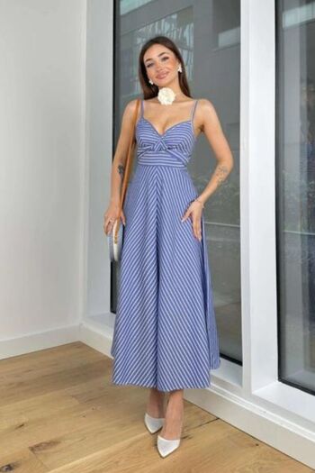 buqre's moda Blue Striped Dress with Adjustable Straps and Asymmetrical Gather Detail on the Front