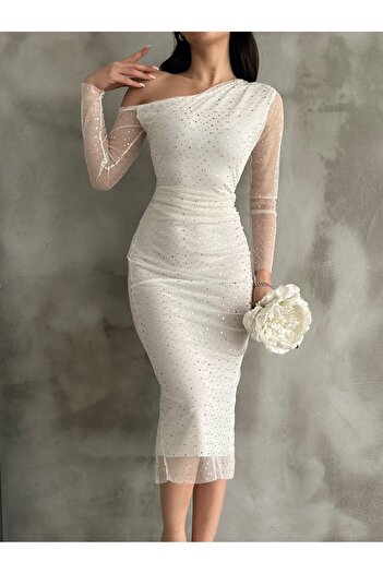 buqre's moda New Season One Shoulder Polka Dot Patterned Gilded Tulle Dress