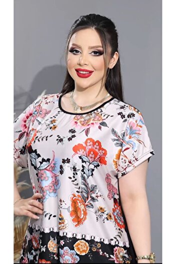 HÜLYA BUTİK Plus Size Floral Patterned Micro Blouse - Slit