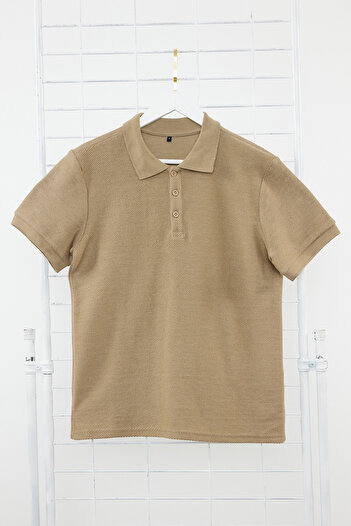 Trendyol Collection Mink Regular/Normal Cut Short Sleeve Textured Buttoned Polo Collar T-shirt TMNSS23PO00018