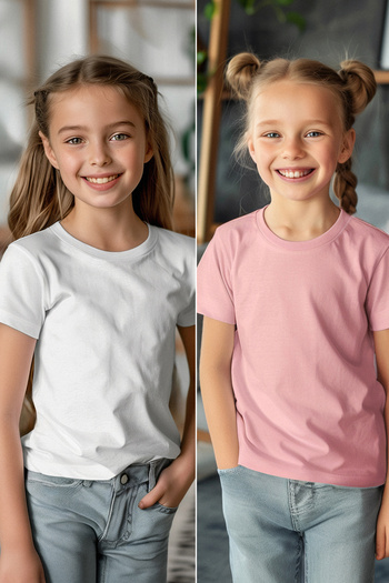 TRENDYOLKIDS Lányok dupla alapcsomag - fehér és rózsaszín nyakú, kötött póló TKDSS24TS00018