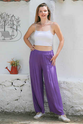 Chiccy Wide Leg - Purple Pleated Woven Elastic Casual Trousers