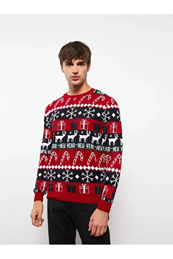 LC Waikiki LCW Casual Crew Neck Long Sleeve New Year Themed Men's Knitwear Sweater