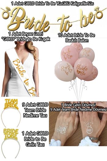 Parti dolabı Wedding Dress Set - 1 Sash, 10 Balloons, 10 Tattoos and 10 Crowns (Veda Concept Gold)