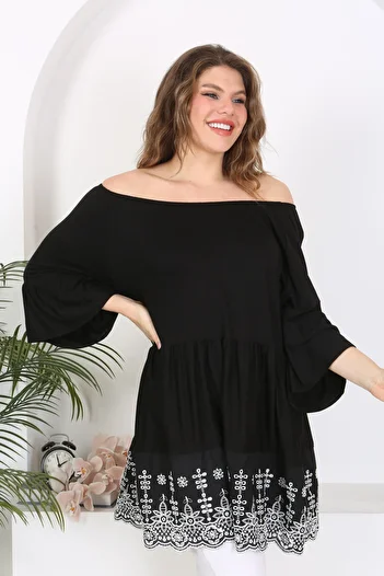 LİKRA Women's Large Size Madonna Collar Skirt Fisto Detail Flexible Viscose Tunic