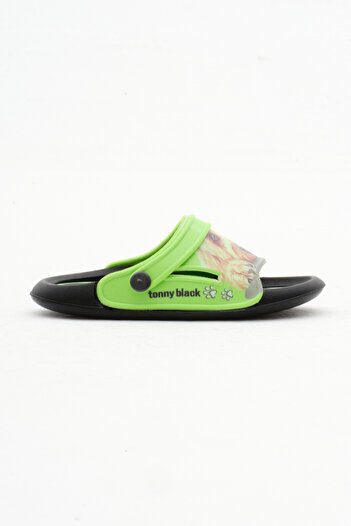 Tonny Black Green Dog Patterned Boys' Slippers - Poly Sole