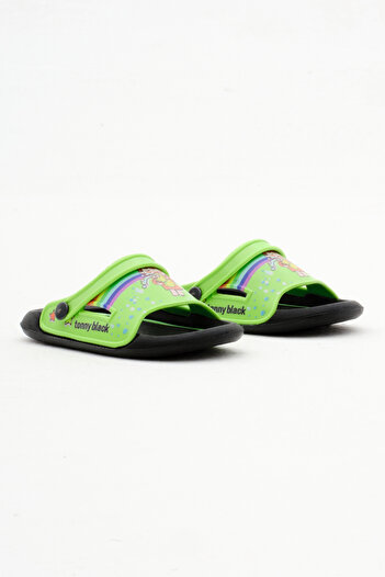 Tonny Black Green Rainbow Patterned Girl's Slippers - Poly Sole