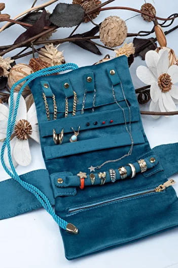 Gold Box Jewelry Organizer And Travel Case Foldable Roll Oil Blue