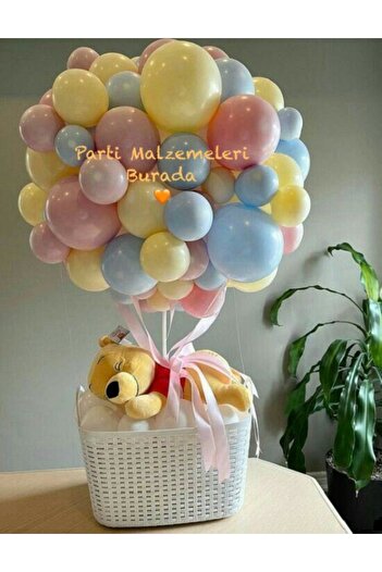 Partimalzemeleriburada Makaron Mavi Pembe Sarı Açık Renkli Balon 45li ( Ayıcık Ve Sepet Mevcut Değil )