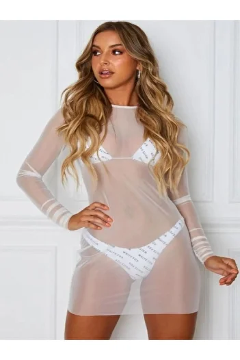 charango Γυναικείο Lycra Tulle Pareo Super Mini Bodycon Λευκό Φόρεμα