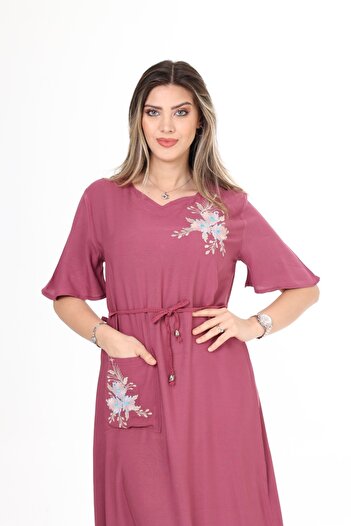 mervemoda Kadın kısa kol nakış detaylı yazlık uzun elbise