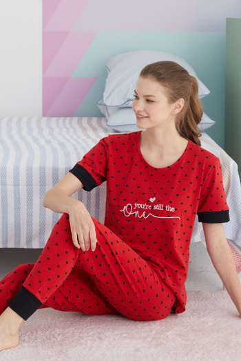 Siyah İnci Cotton Red Knitted Pajama Set