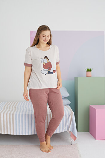 Siyah İnci Σετ Πυτζάμες Μπεζ Melange Curve Plus Size Βαμβακερό πλεκτό