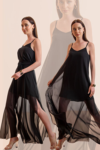 Laranor Black Chiffon Dress - Adjustable Strap and Slit Design (Day and Night Chic)