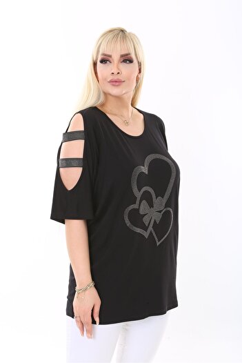 vividbutik Large Size Black Off-The-Shoulder Sweetheart Blouse with Rhinestones