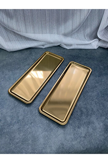 Aslı Hediyelik 2'li Gold Dikdörtgen çay, kahve, Servis Sunum Tepsisi
