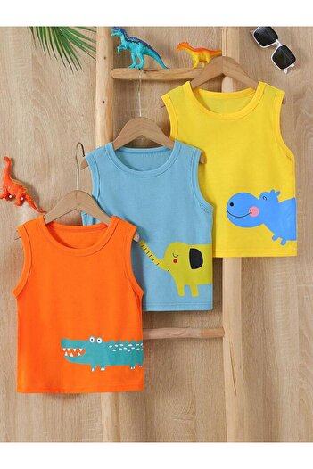 MADALİNA Orange Dinosaur Patterned 3-Piece 95% Cotton Undershirt Set for Boy