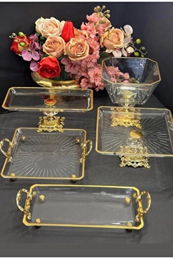 Santara Exclusive Döküm Ayaklı Gold 5 Parçadan Oluşan Muhteşem Sunum & Servis Seti