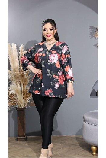 HÜLYA BUTİK Plus Size Patterned Micro Collar Zippered Women's Blouse