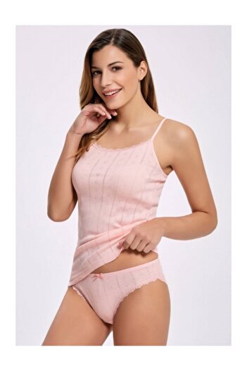 Tutku Salmon Color Bottom Top Set with Jacquard Rope Strap