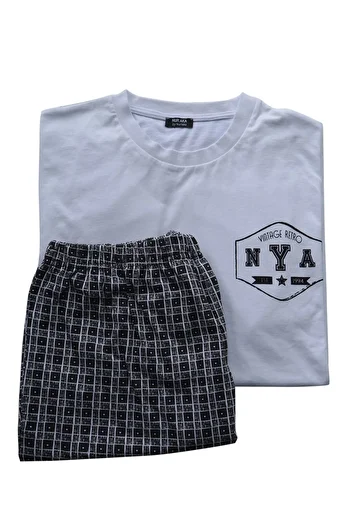 Nur Aka by Nurteks Men's Streamer Printed White Large Size Cotton Pajama Set