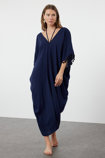 Trendyol Collection Navy Blue Wide Fit Midi Woven Tasseled Beach Dress TBESS24EL00134