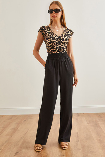 Olalook Women's Black Trousers with High Waist and Thick Band - Pocket Ayrobin PNT-19000281