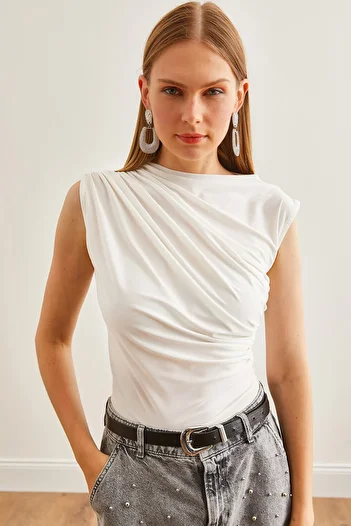 Olalook Γυναικεία Μπλούζα White Drape Detailed - BLZ-19002683