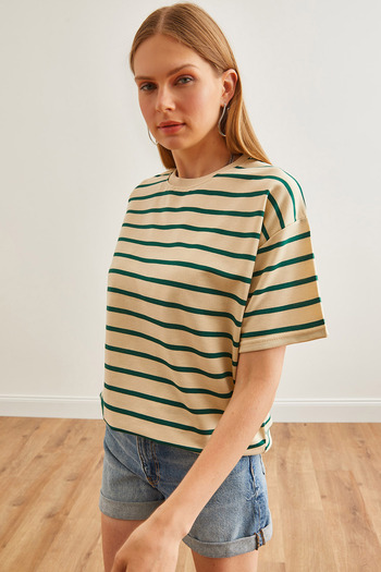 Olalook Stone Green Striped Oversize Women's T-Shirt - TSH-19000824