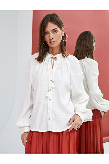 Koton Balloon Sleeve Blouse Buttoned Tassel Detailed Tied Collar